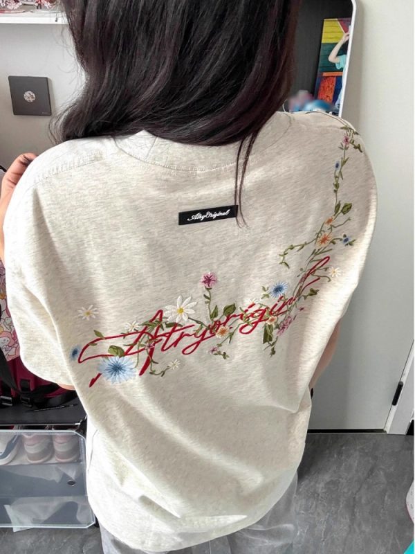 Women's Gray Floral Embroidered High Street T-Shirt - Summer Short Sleeve Heavyweight Cotton Top, Trendy American Style