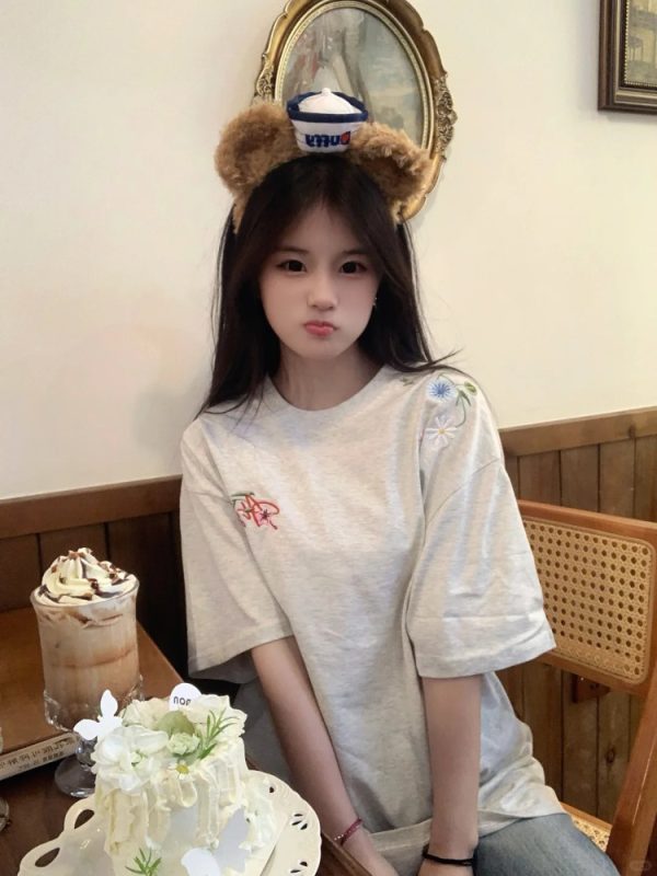 Women's Gray Floral Embroidered High Street T-Shirt - Summer Short Sleeve Heavyweight Cotton Top, Trendy American Style