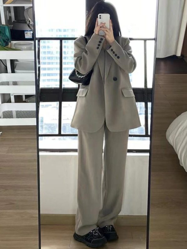 Women's Gray Suit Set - Casual Blazer & Wide-Leg Pants, Chic 2025 Style, High-End Feel, Perfect for Petite Sizes