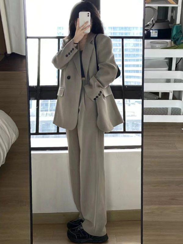 Women's Gray Suit Set - Casual Blazer & Wide-Leg Pants, Chic 2025 Style, High-End Feel, Perfect for Petite Sizes