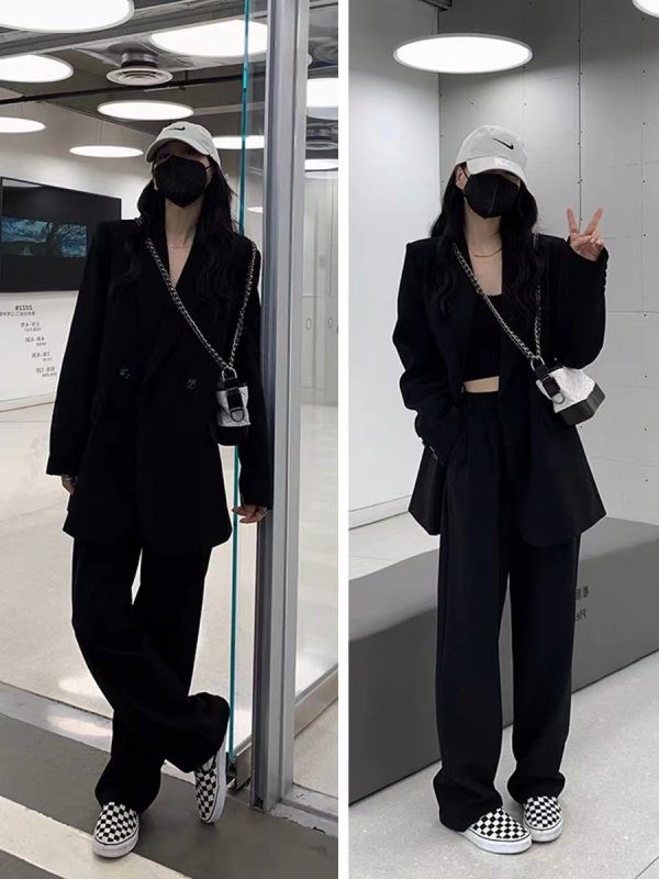 Women's Gray Suit Set - Casual Blazer & Wide-Leg Pants, Chic 2025 Style, High-End Feel, Perfect for Petite Sizes