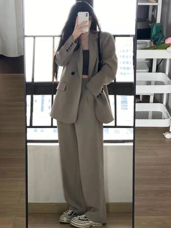 Women's Gray Suit Set - Casual Blazer & Wide-Leg Pants, Chic 2025 Style, High-End Feel, Perfect for Petite Sizes