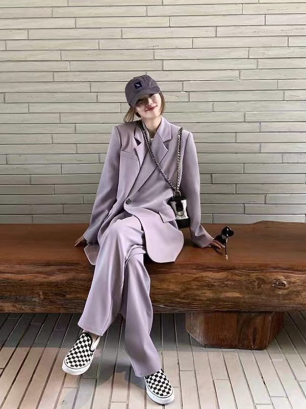 Women's Gray Suit Set - Casual Blazer & Wide-Leg Pants, Chic 2025 Style, High-End Feel, Perfect for Petite Sizes