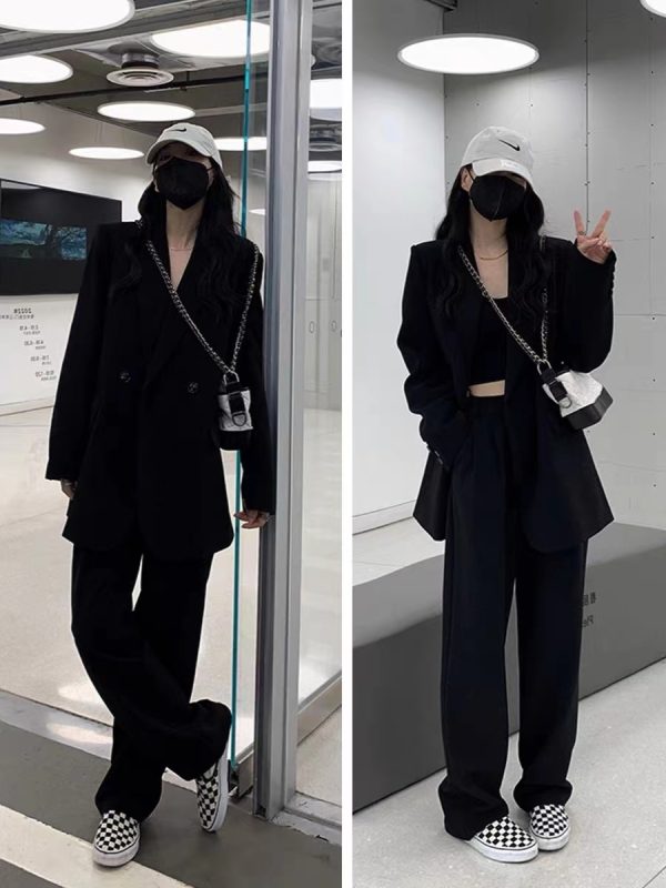 Women's Gray Suit Set - Casual Blazer & Wide-Leg Pants, Chic 2025 Style, High-End Feel, Perfect for Petite Sizes