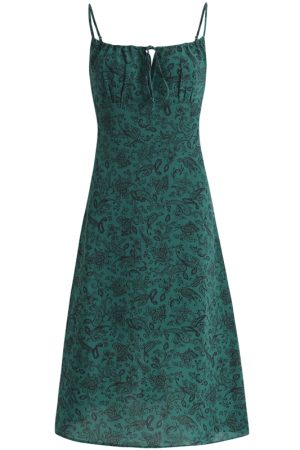 Women's Green Floral Print Long Dress with Straps and Drawstring - French Style Summer Vacation 2025 Fashion