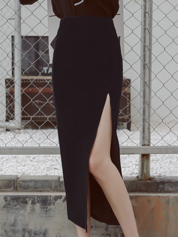Women's High Waist Bodycon Midi Skirt with Front Slit - Versatile Korean Style Pencil Skirt for Spring Summer Fashion