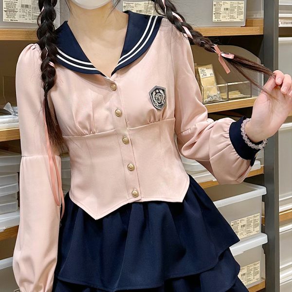 Women's Japanese Style Sailor Suit JK Uniform Shirt Set - Waist-Defined Long & Short Sleeve, Spring Summer 2024, College Style