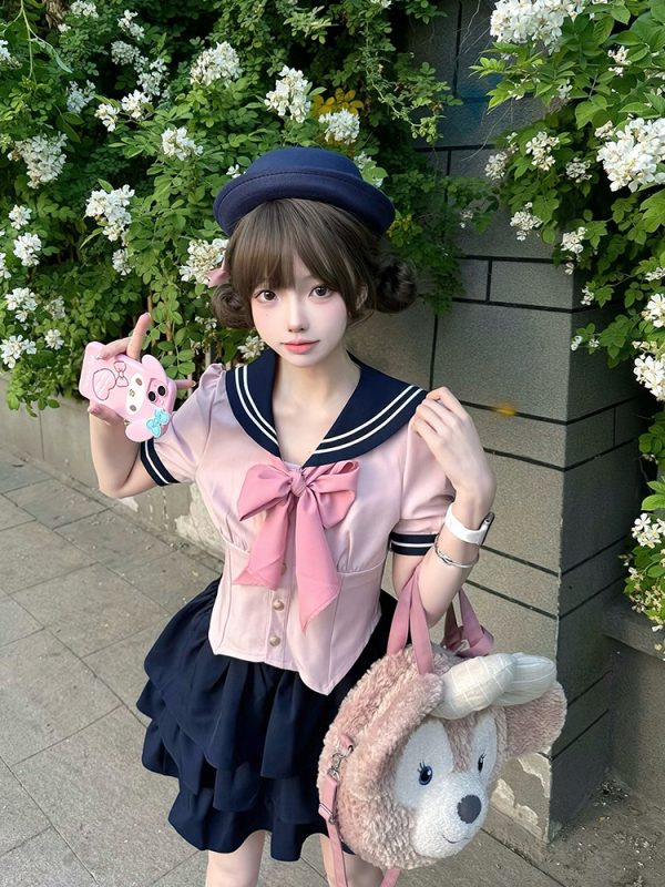 Women's Japanese Style Sailor Suit JK Uniform Shirt Set - Waist-Defined Long & Short Sleeve, Spring Summer 2024, College Style