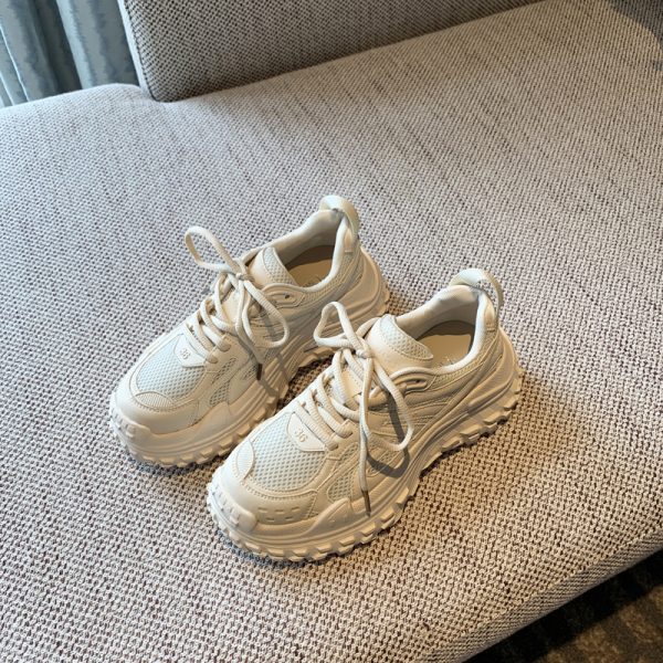 Women's Lace-Up Mesh Sports Leisure Shoes - Breathable Genuine Leather Thick-Soled Dad Sneakers for Spring 2025