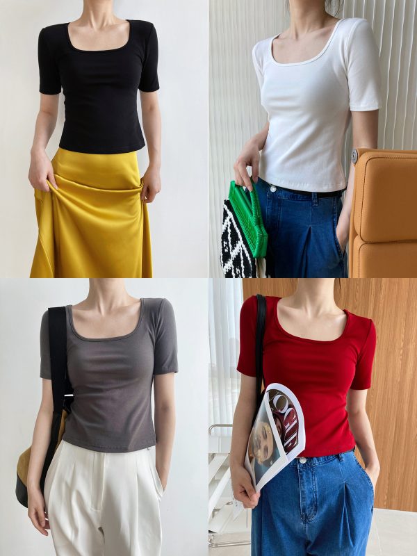 Women's Light Fabric Short Sleeve Square Neck T-Shirt - Solid Color, High Waist Slim Fit, Off-Shoulder Style for Spring/Summer