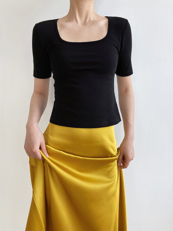 Women's Light Fabric Short Sleeve Square Neck T-Shirt - Solid Color, High Waist Slim Fit, Off-Shoulder Style for Spring/Summer