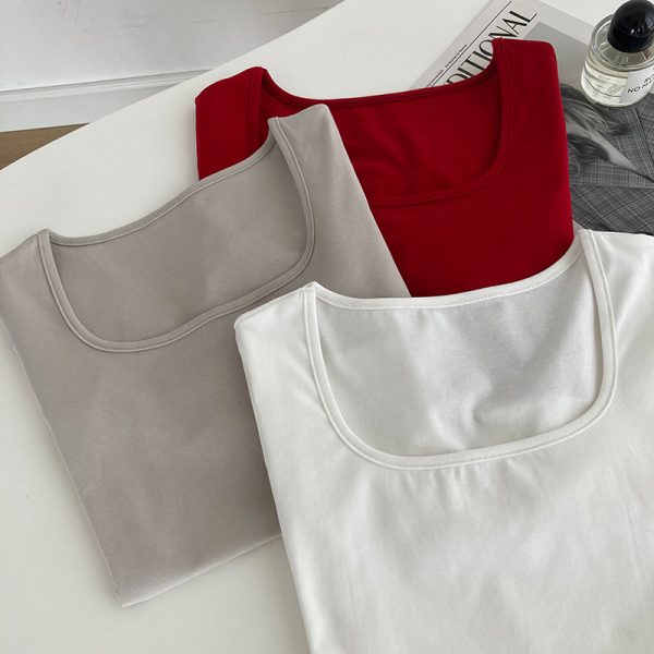 Women's Light Fabric Short Sleeve Square Neck T-Shirt - Solid Color, High Waist Slim Fit, Off-Shoulder Style for Spring/Summer