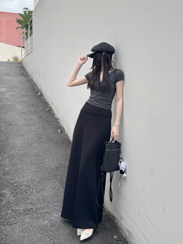 Women's Long High-Waisted A-Line Skirt, Slimming Floor-Length Liquid Ammonia Cotton, Summer Fashion, Elegant Style