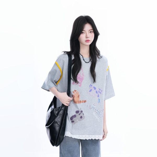 Women's Loose Cute Fake Two-Piece Lace Spliced Cat Graffiti Short Sleeve T-Shirt - Trendy Y2K Style