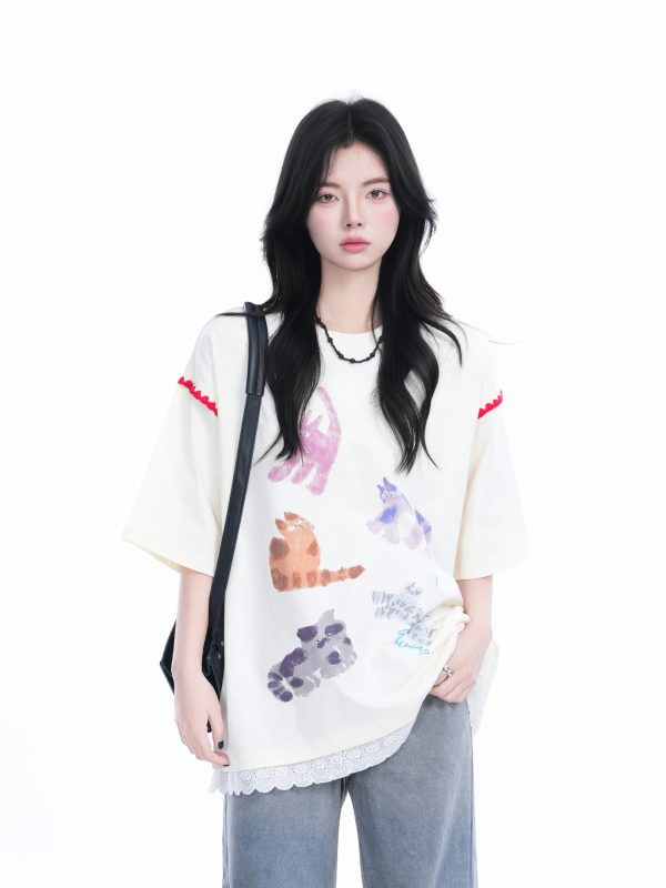 Women's Loose Cute Fake Two-Piece Lace Spliced Cat Graffiti Short Sleeve T-Shirt - Trendy Y2K Style
