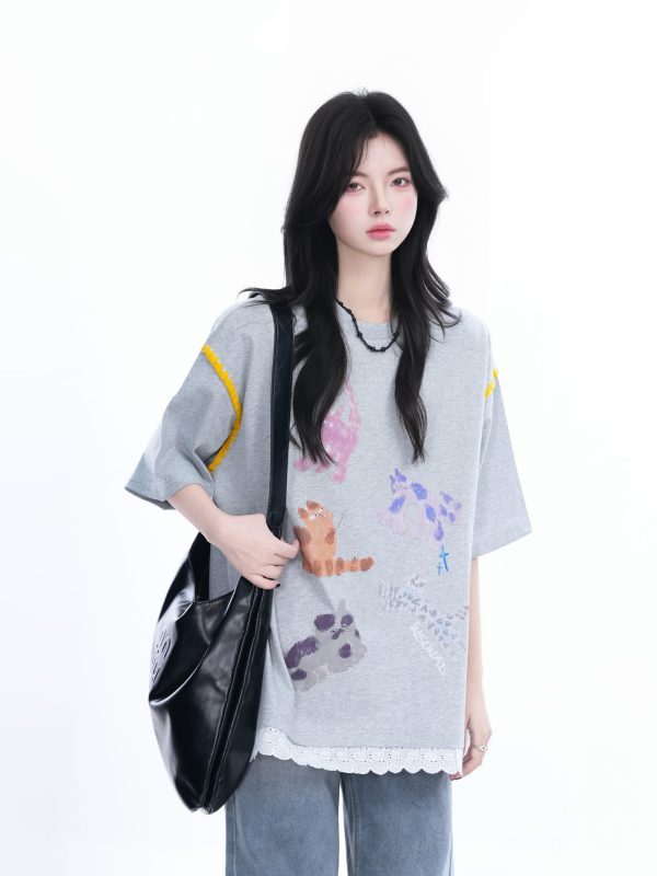 Women's Loose Cute Fake Two-Piece Lace Spliced Cat Graffiti Short Sleeve T-Shirt - Trendy Y2K Style