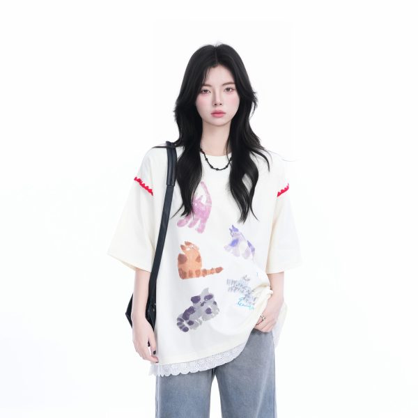 Women's Loose Cute Fake Two-Piece Lace Spliced Cat Graffiti Short Sleeve T-Shirt - Trendy Y2K Style