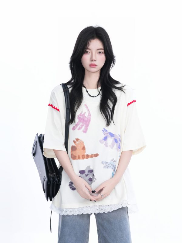 Women's Loose Cute Fake Two-Piece Lace Spliced Cat Graffiti Short Sleeve T-Shirt - Trendy Y2K Style