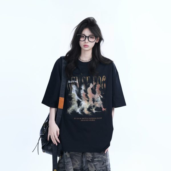 Womenâ€™s Loose Heavyweight Short-Sleeve T-Shirt with 'Sit and Eat Until the Mountains Are Empty' Shadow Print â€“ Summer 2023 Style