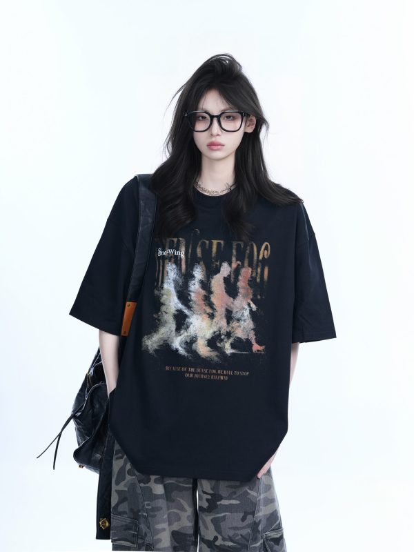 Womenâ€™s Loose Heavyweight Short-Sleeve T-Shirt with 'Sit and Eat Until the Mountains Are Empty' Shadow Print â€“ Summer 2023 Style