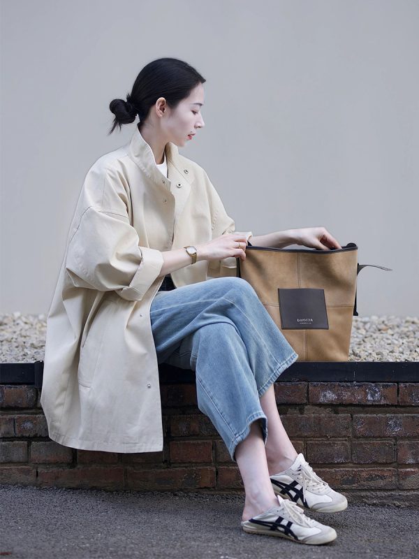 Women's Minimalist Casual Trench Coat for Petite - 2025 Spring Autumn Japanese Workwear with Luxe Feel