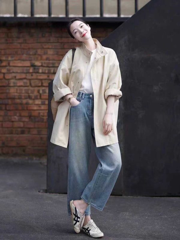 Women's Minimalist Casual Trench Coat for Petite - 2025 Spring Autumn Japanese Workwear with Luxe Feel