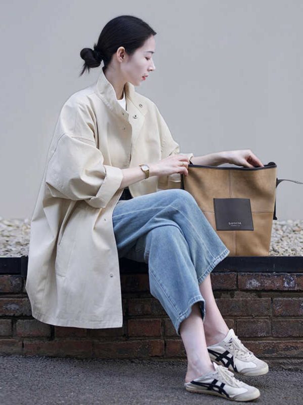 Women's Minimalist Casual Trench Coat for Petite - 2025 Spring Autumn Japanese Workwear with Luxe Feel