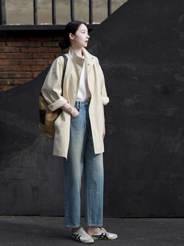 Women's Minimalist Casual Trench Coat for Petite - 2025 Spring Autumn Japanese Workwear with Luxe Feel