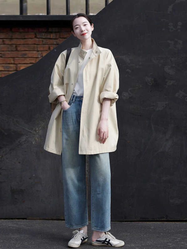 Women's Minimalist Casual Trench Coat for Petite - 2025 Spring Autumn Japanese Workwear with Luxe Feel
