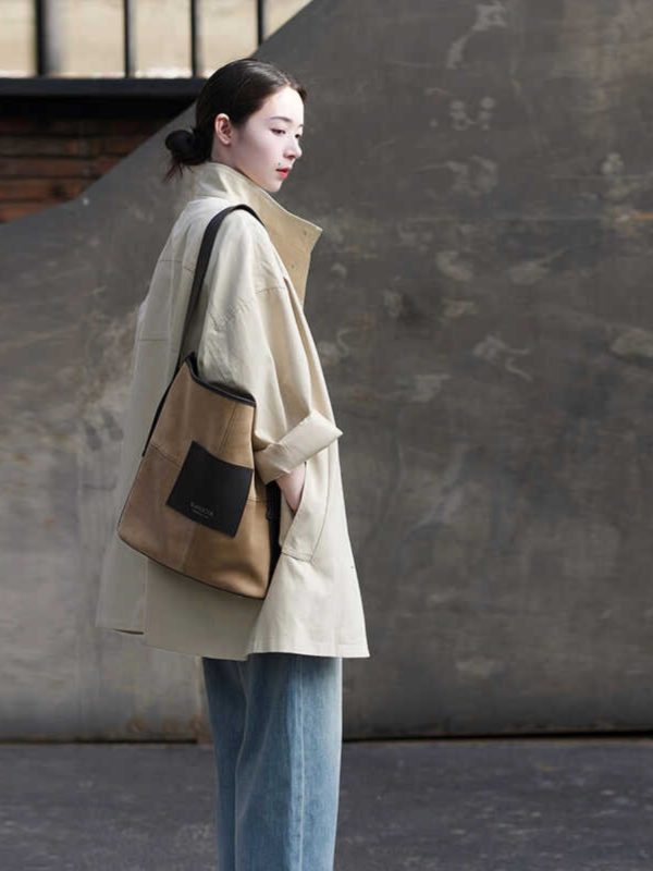 Women's Minimalist Casual Trench Coat for Petite - 2025 Spring Autumn Japanese Workwear with Luxe Feel