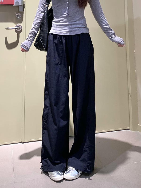 Women's Navy Blue Wide-Leg High-Waisted Casual Work Pants - 2025 Summer American Style Loose Fit Sports Trousers