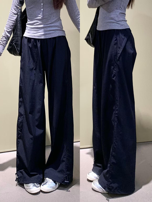 Women's Navy Blue Wide-Leg High-Waisted Casual Work Pants - 2025 Summer American Style Loose Fit Sports Trousers
