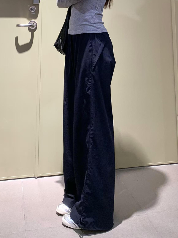 Women's Navy Blue Wide-Leg High-Waisted Casual Work Pants - 2025 Summer American Style Loose Fit Sports Trousers