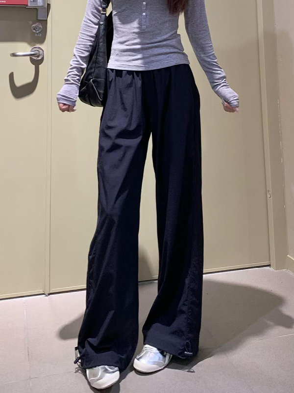 Women's Navy Blue Wide-Leg High-Waisted Casual Work Pants - 2025 Summer American Style Loose Fit Sports Trousers