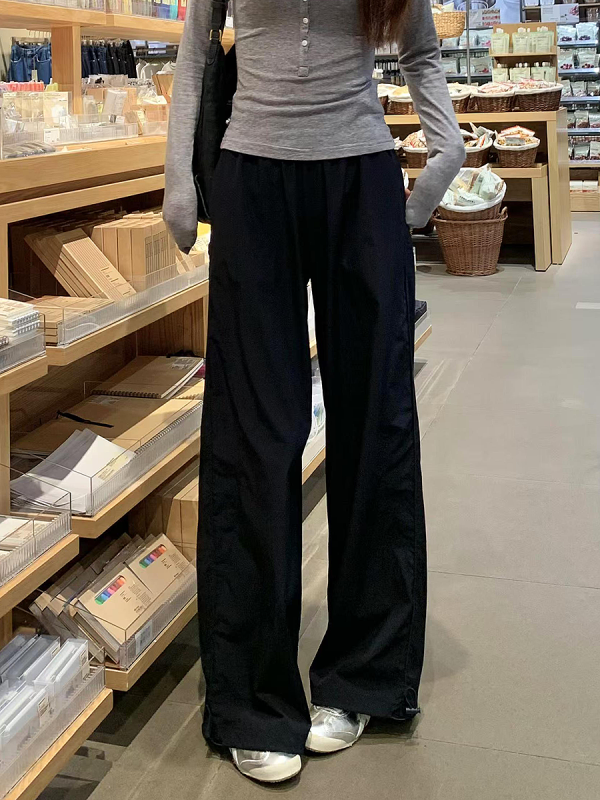 Women's Navy Blue Wide-Leg High-Waisted Casual Work Pants - 2025 Summer American Style Loose Fit Sports Trousers