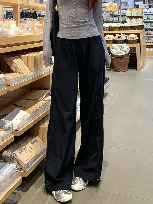 Women's Navy Blue Wide-Leg High-Waisted Casual Work Pants - 2025 Summer American Style Loose Fit Sports Trousers