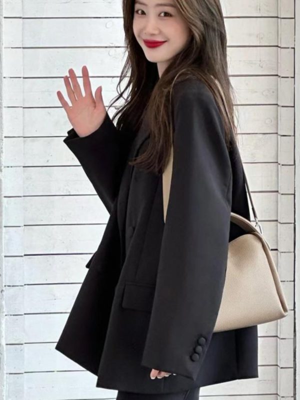 Women's Oversized Black Double-Breasted Suit Jacket - Trendy 2025 Spring Style, Loose Silhouette, High-End Fashion