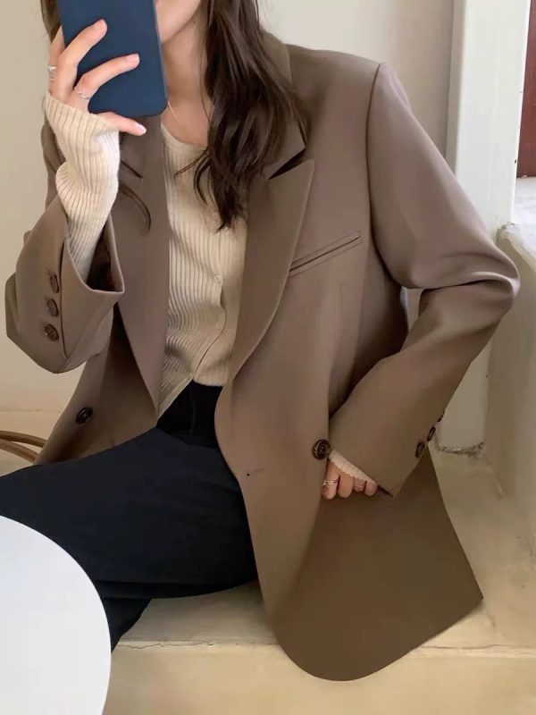 Women's Oversized Black Double-Breasted Suit Jacket - Trendy 2025 Spring Style, Loose Silhouette, High-End Fashion