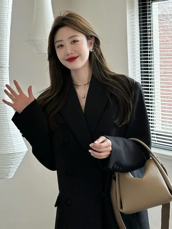 Women's Oversized Black Double-Breasted Suit Jacket - Trendy 2025 Spring Style, Loose Silhouette, High-End Fashion