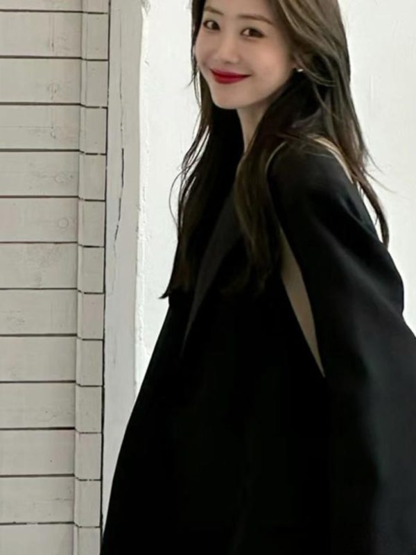 Women's Oversized Black Double-Breasted Suit Jacket - Trendy 2025 Spring Style, Loose Silhouette, High-End Fashion