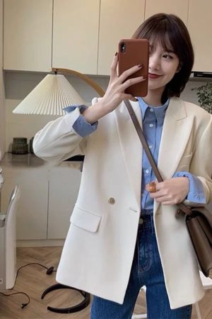 Women's Oversized Black Double-Breasted Suit Jacket - Trendy 2025 Spring Style, Loose Silhouette, High-End Fashion