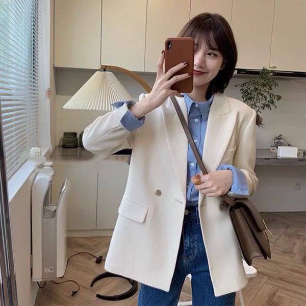 Women's Oversized Black Double-Breasted Suit Jacket - Trendy 2025 Spring Style, Loose Silhouette, High-End Fashion