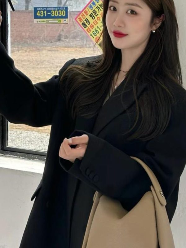 Women's Oversized Black Double-Breasted Suit Jacket - Trendy 2025 Spring Style, Loose Silhouette, High-End Fashion