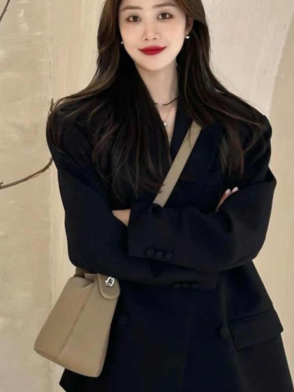 Women's Oversized Black Double-Breasted Suit Jacket - Trendy 2025 Spring Style, Loose Silhouette, High-End Fashion