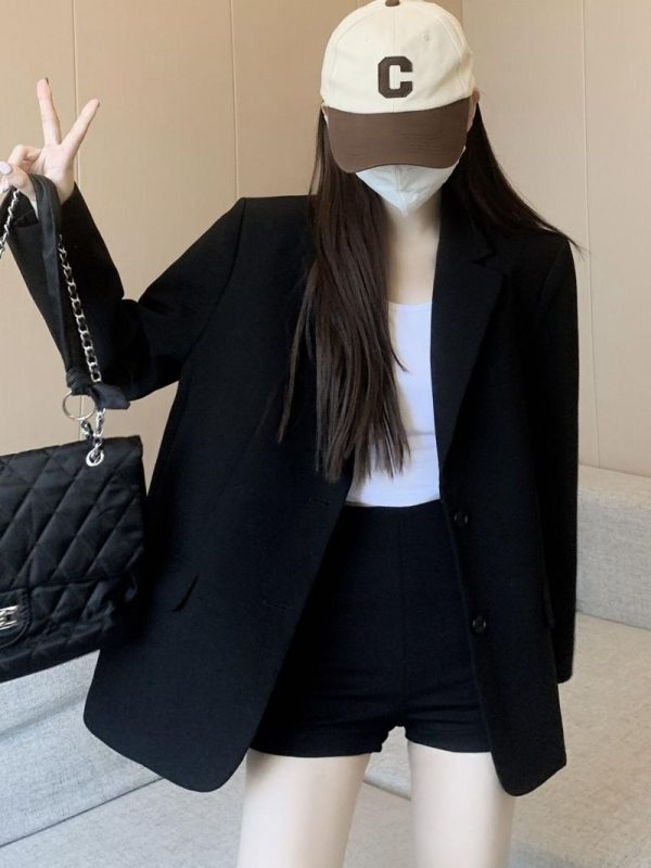 Women's Oversized Black Suit Jacket - Casual High-End Blazer for Petite Sizes, Spring Autumn 2025 Fashion