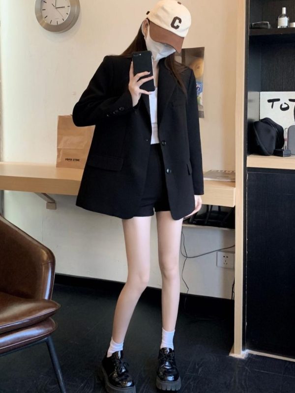 Women's Oversized Black Suit Jacket - Casual High-End Blazer for Petite Sizes, Spring Autumn 2025 Fashion