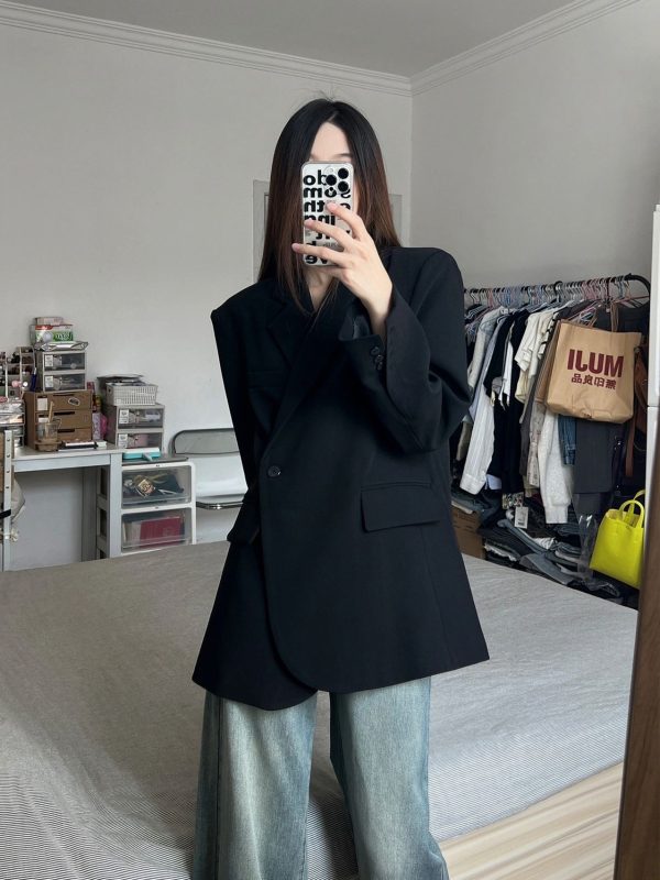 Women's Oversized Black Suit Jacket, Casual Loose Fit Blazer, High-End Feel, Plus Size, Spring Autumn 2025 Fashion