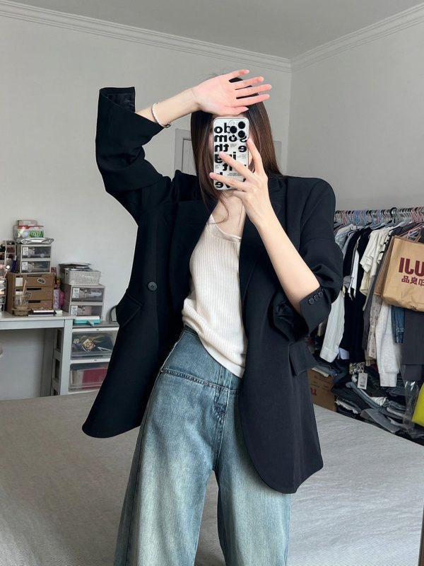 Women's Oversized Black Suit Jacket, Casual Loose Fit Blazer, High-End Feel, Plus Size, Spring Autumn 2025 Fashion