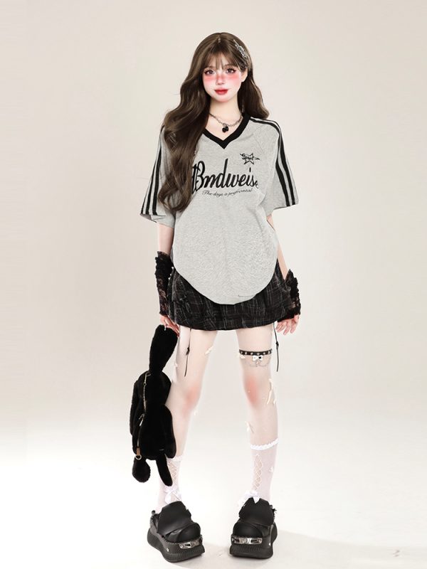 Women's Oversized Color-Block V-Neck T-Shirt - Retro Casual Summer Short Sleeve Top