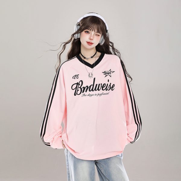 Women's Oversized Color-Block V-Neck T-Shirt - Retro Casual Summer Short Sleeve Top